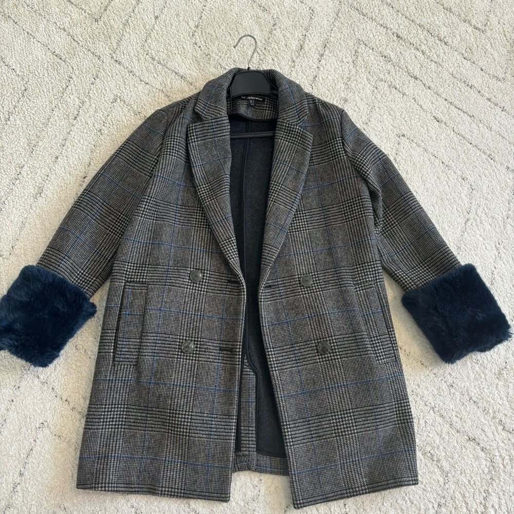 Zara Plaid Double-Breasted Coat with Navy Faux Fur Cuffs